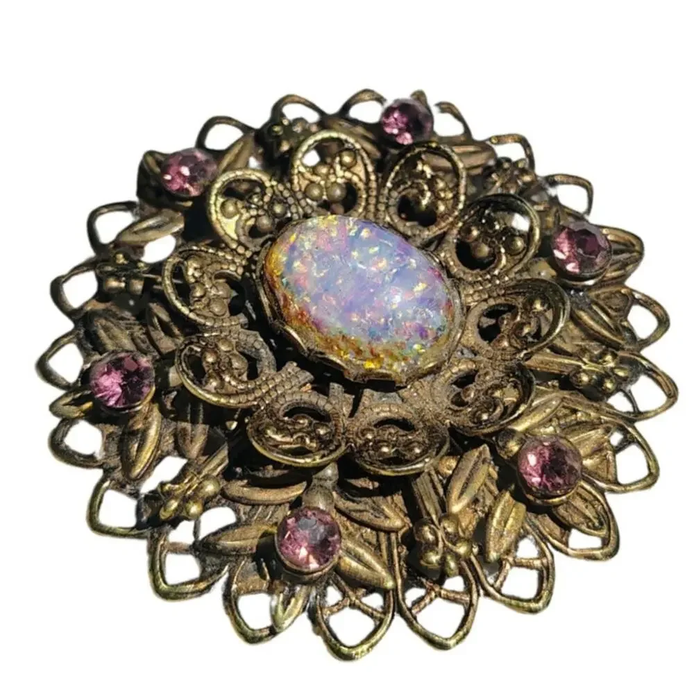1950s Aurora Borealis Pink Opalescent Confetti Gold Tone MCM Vintage Brooch